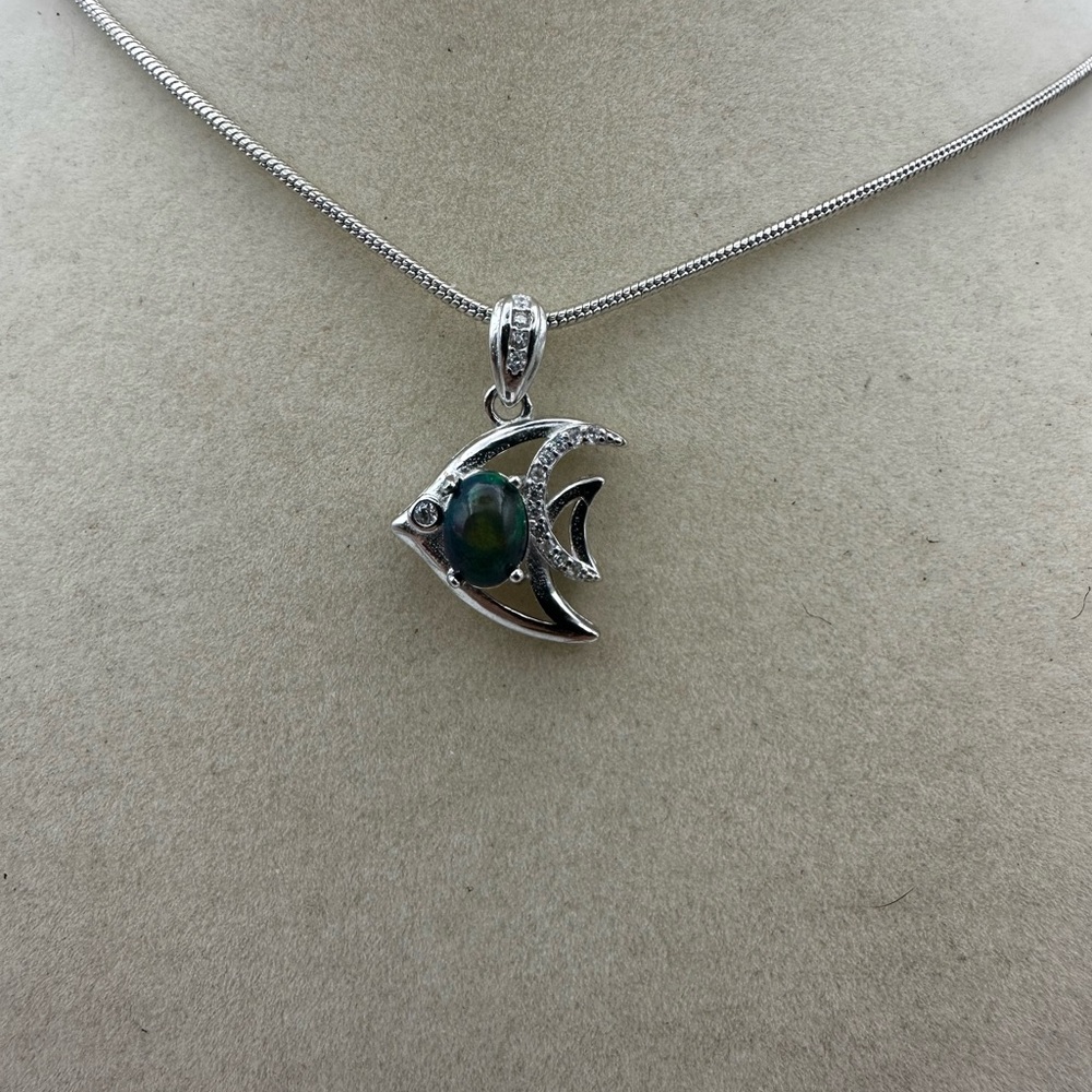 Silver Fish Pendant Necklace with Opal on Chain - Picture 3 of 9